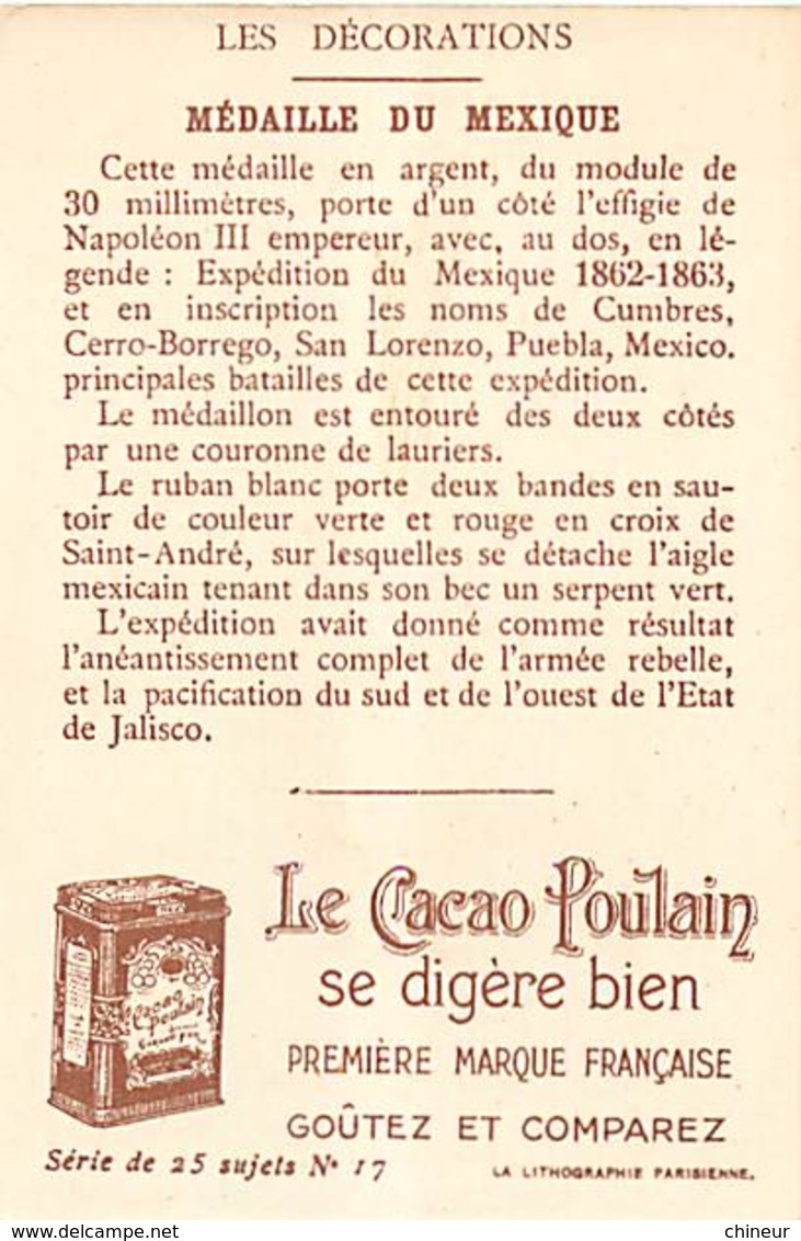 CHROMO LE CACAO POULAIN SERIE LES MEDAILLES  MEXIQUE MEDAILLE MILITAIRE - Poulain