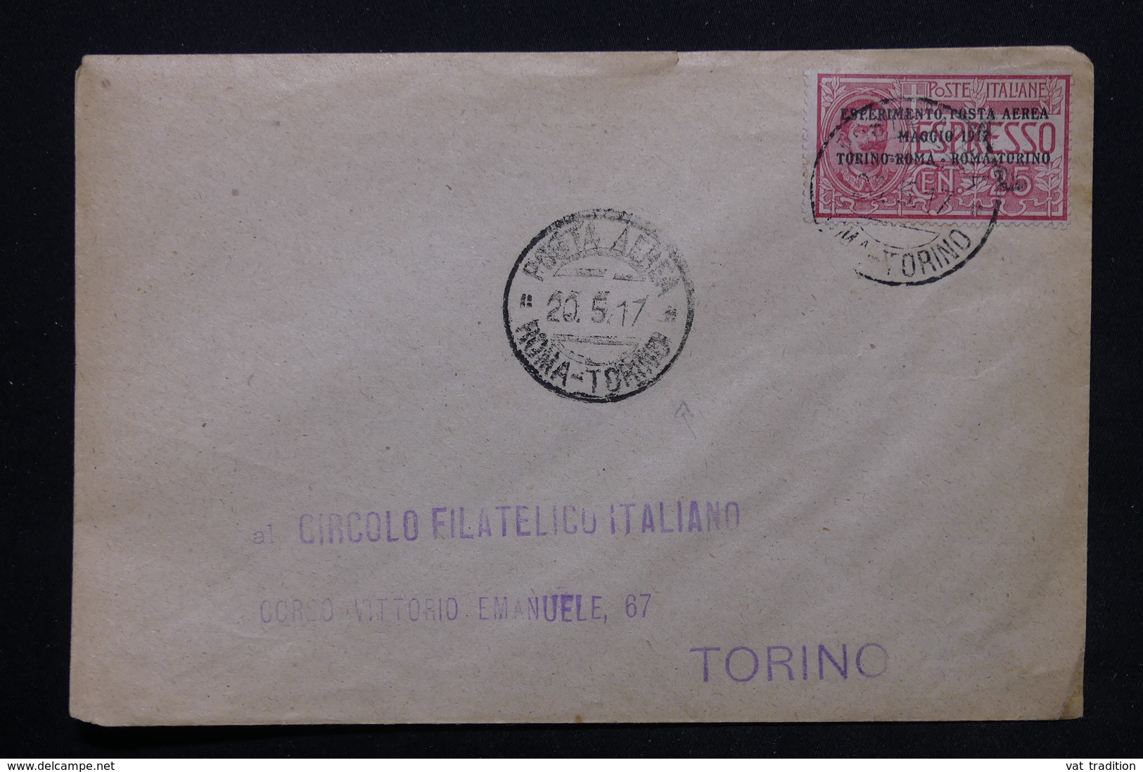 ITALIE - Enveloppe Par Avion De Roma Pour Torino En 1917 , Affranchissement Plaisant ( Surchargé ) - L 24810 - Marcophilie (Avions)