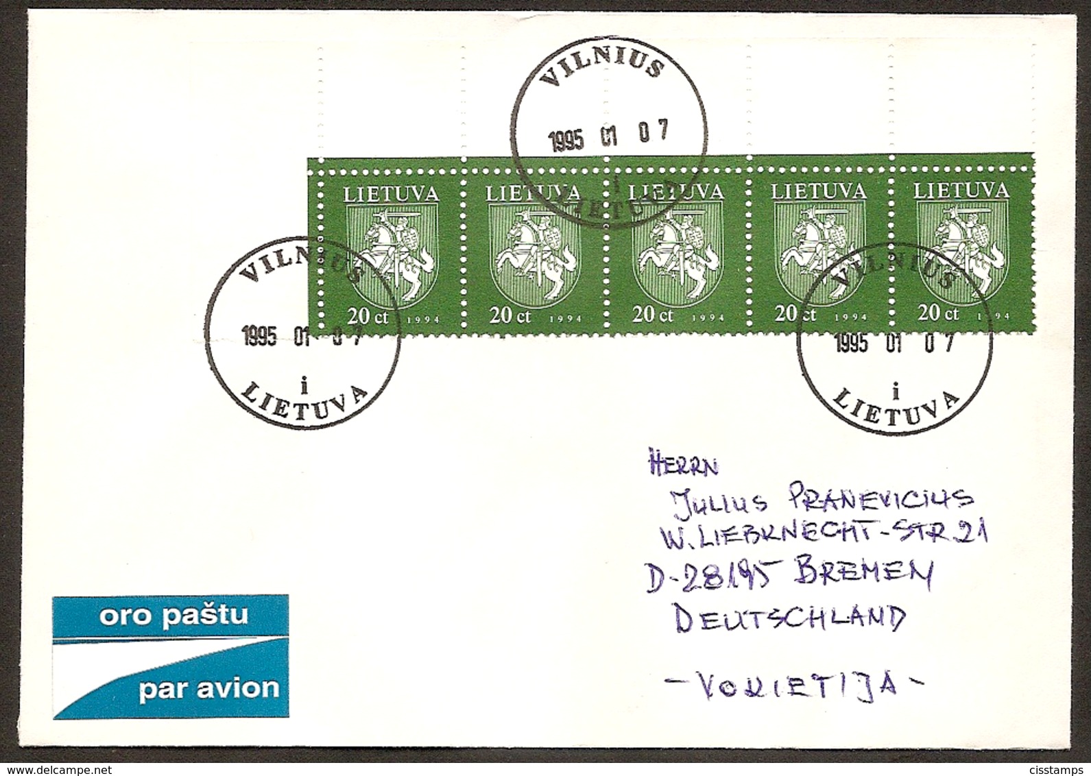 LITHUANIA / LITAUEN 1994 Definitive Horseman / Reiter /Mi571  Multifranked Letter Posted To Germany - Lithuania