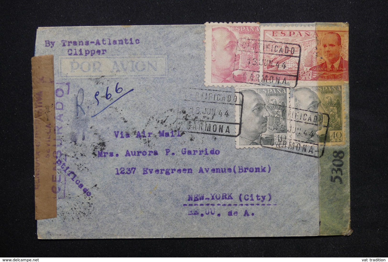 ESPAGNE - Enveloppe En Recommandé De Garmona Pour New York En 1944 Avec Contrôles Postaux - L 24813 - Bolli Di Censura Nazionalista