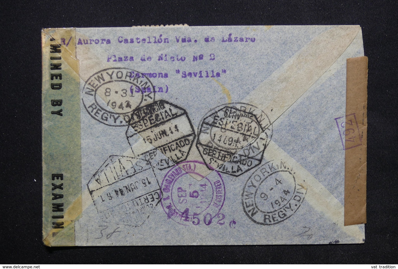 ESPAGNE - Enveloppe En Recommandé De Garmona Pour New York En 1944 Avec Contrôles Postaux - L 24813 - Nationalistische Censuur