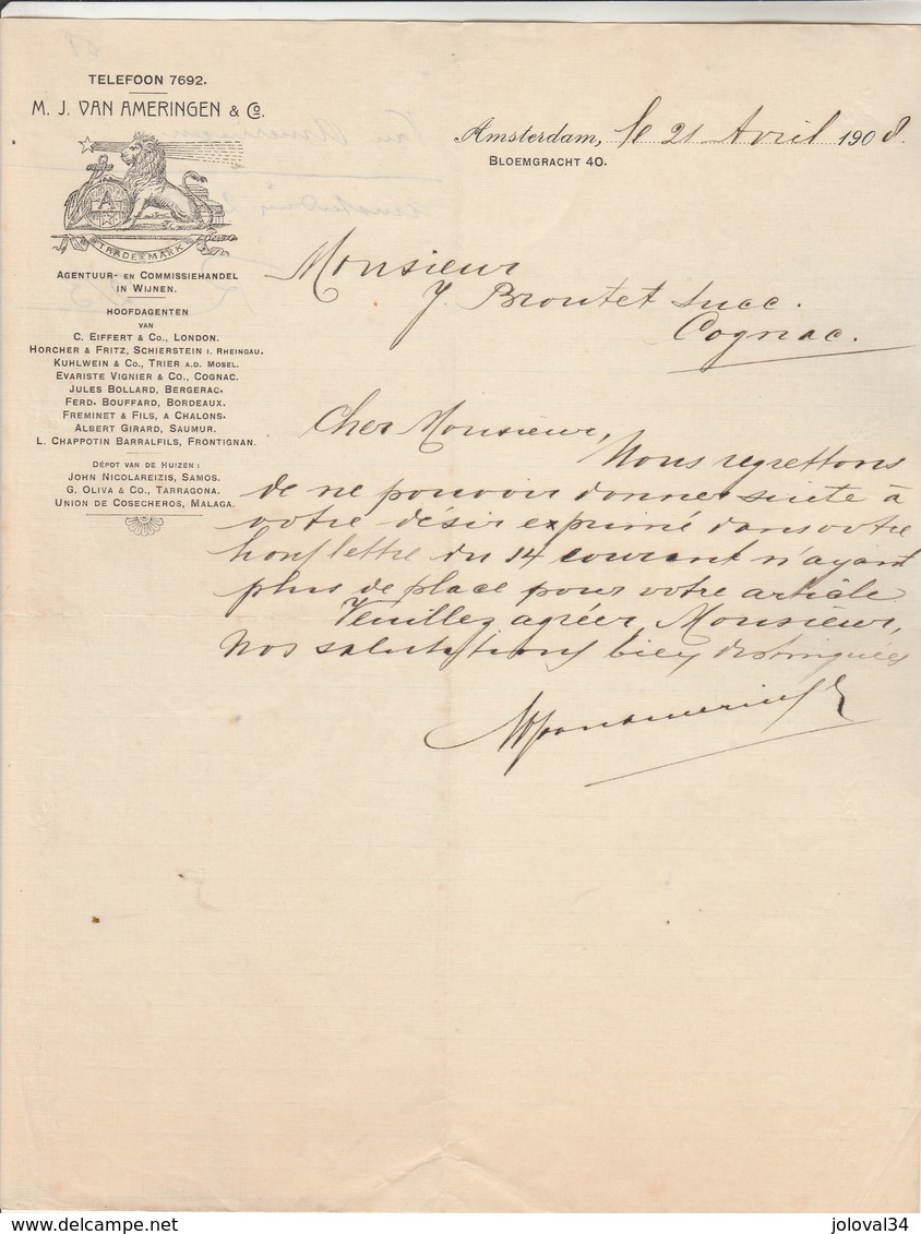 Pays Bas Lettre Illustrée 21/4/1908 M J VAN AMERINGEN Commissionnaire En Vin AMSTERDAM - Niederlande