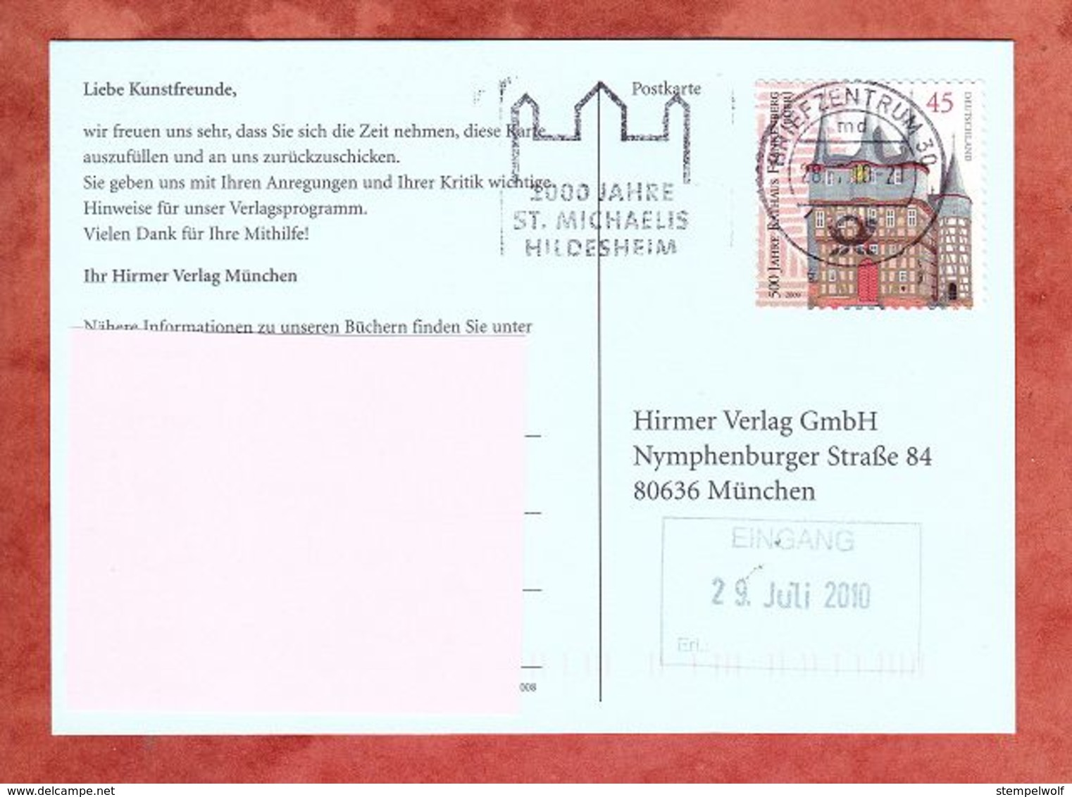 Karte, EF Frankenberg Sk, MS St Michaelis Hildesheim Briefzentrum 30, Bad Nenndorf Nach Muenchen 2010 (70562) - Storia Postale