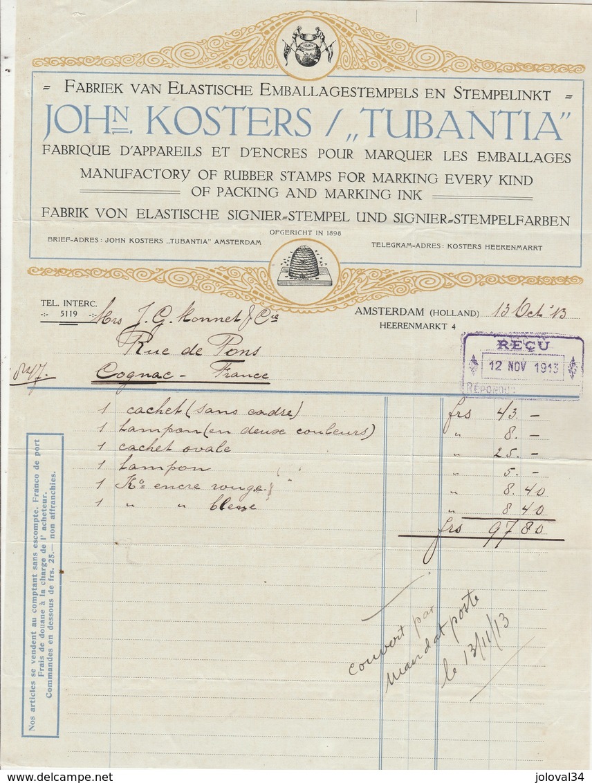 Pays Bas  Facture Illustrée 13/10/1913 John KOSTERS Tubantia Fabrique Appareils & Encres Pour Emballages AMSTERDAM - Pays-Bas