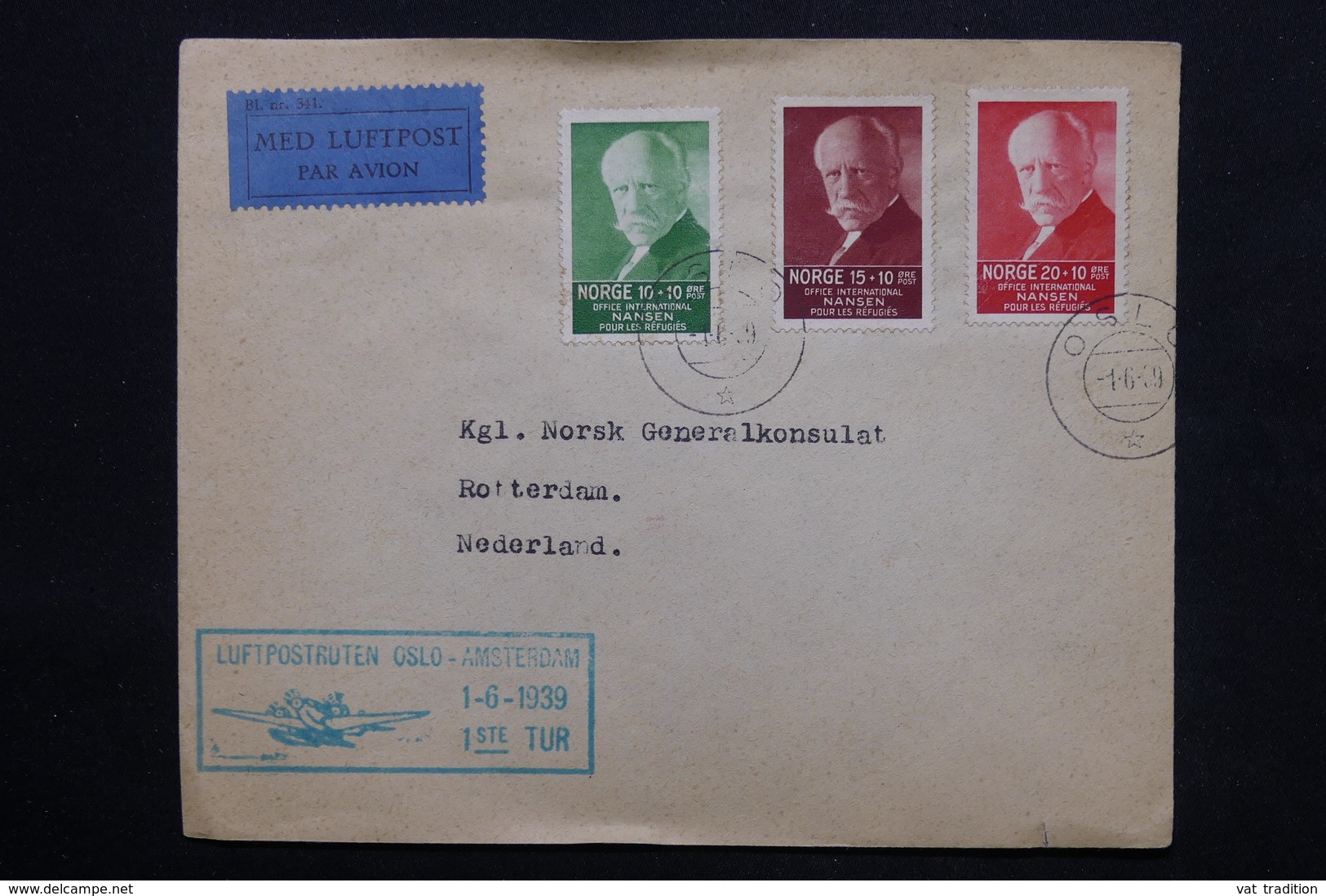 NORVÈGE - Enveloppe 1er Vol Oslo / Amsterdam En 1939, Affranchissement Plaisant - L 24827 - Lettres & Documents