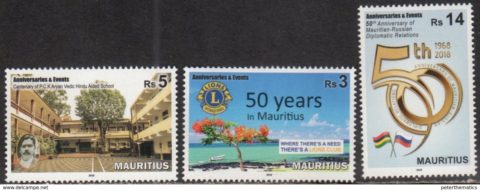 MAURITIUS, 2018, MNH,ANNIVERSARIES , LIONS, BOATS, TREES, DIPLOMATIC RELATIONS WITH RUSSIA, HINDU SCHOOL, EDUCATION,3v - Rotary, Lions Club