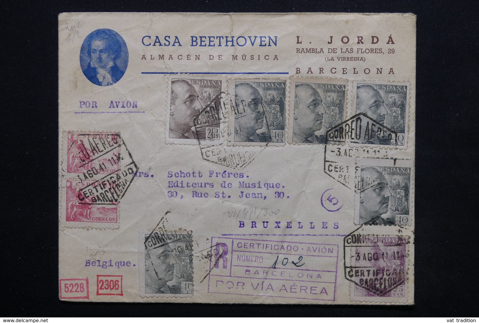 ESPAGNE - Enveloppe Commerciale De Barcelone En Recommandé Par Avion Pour Bruxelles En 1941 ,contrôles Postaux - L 24831 - Marcas De Censura Nacional