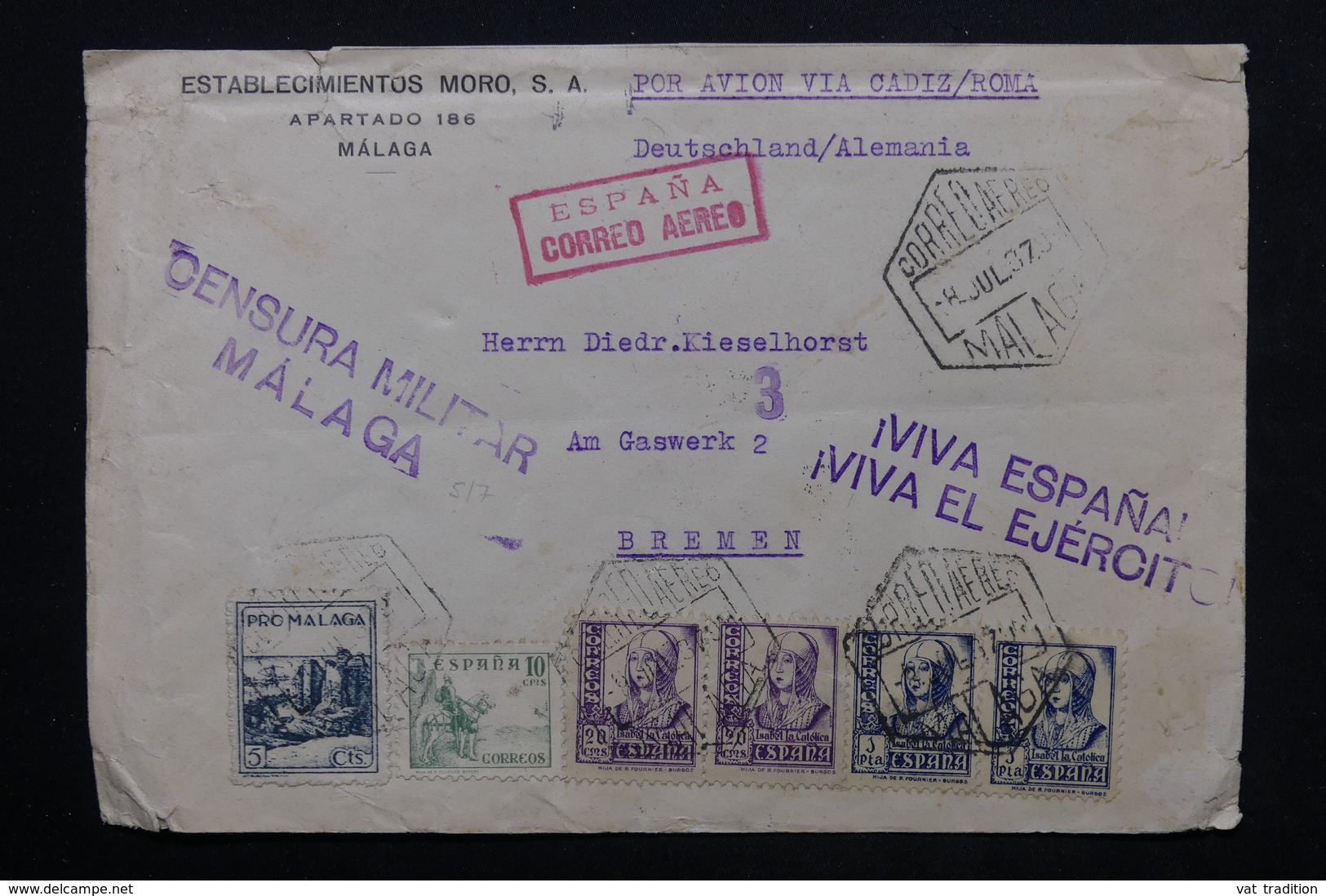 ESPAGNE - Enveloppe De Malaga Pour Bremen En 1937 Par Avion Via Cadiz / Roma ,contrôle Postal - L 24833 - Nationalistische Zensur