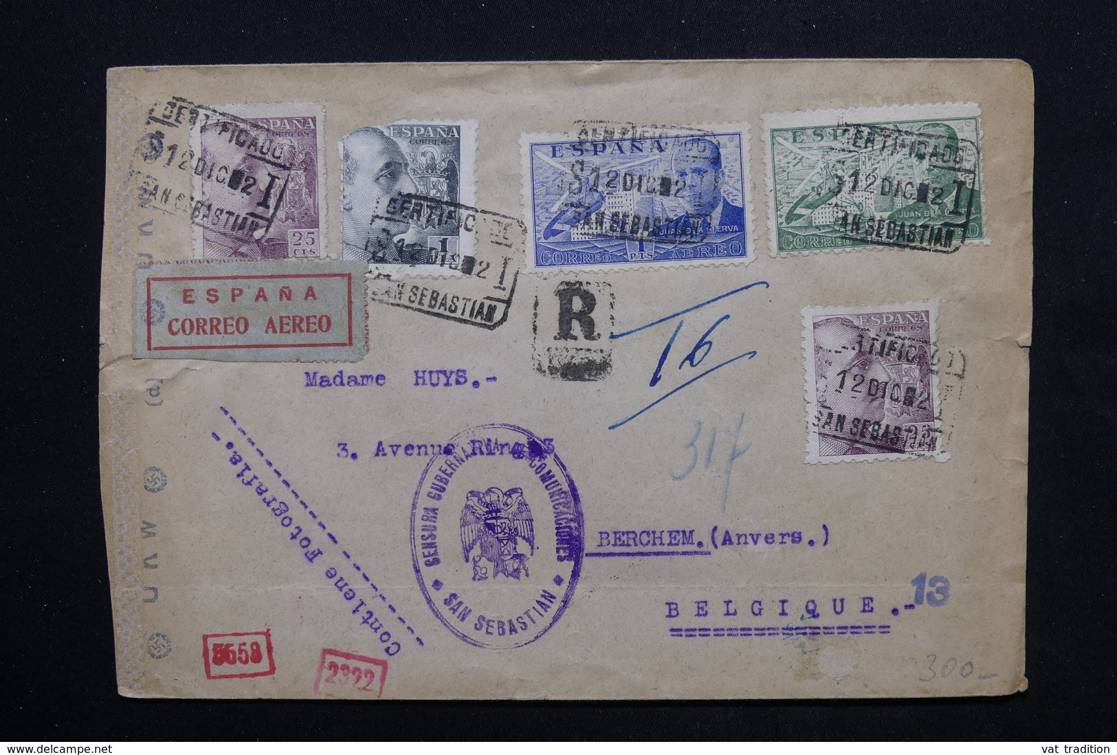 ESPAGNE - Enveloppe En Recommandé De San Sebastian Pour Anvers En 1942 ,contrôles Postaux - L 24834 - Marcas De Censura Nacional