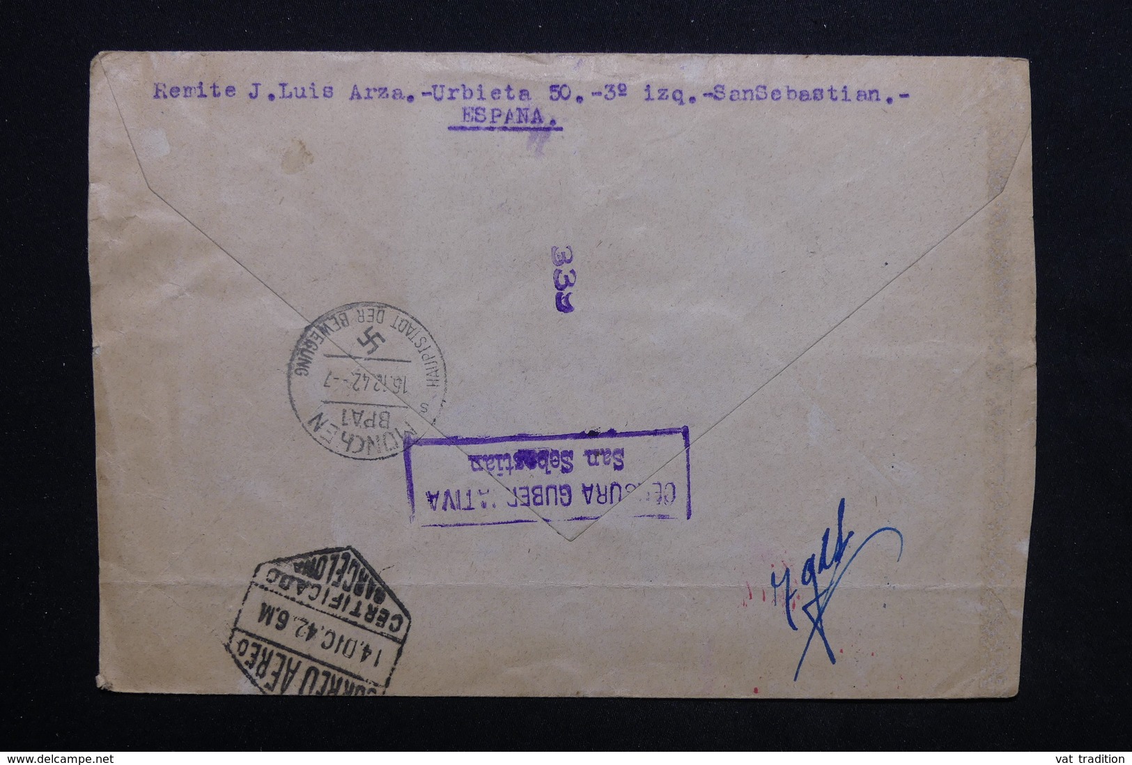 ESPAGNE - Enveloppe En Recommandé De San Sebastian Pour Anvers En 1942 ,contrôles Postaux - L 24834 - Nationalistische Censuur