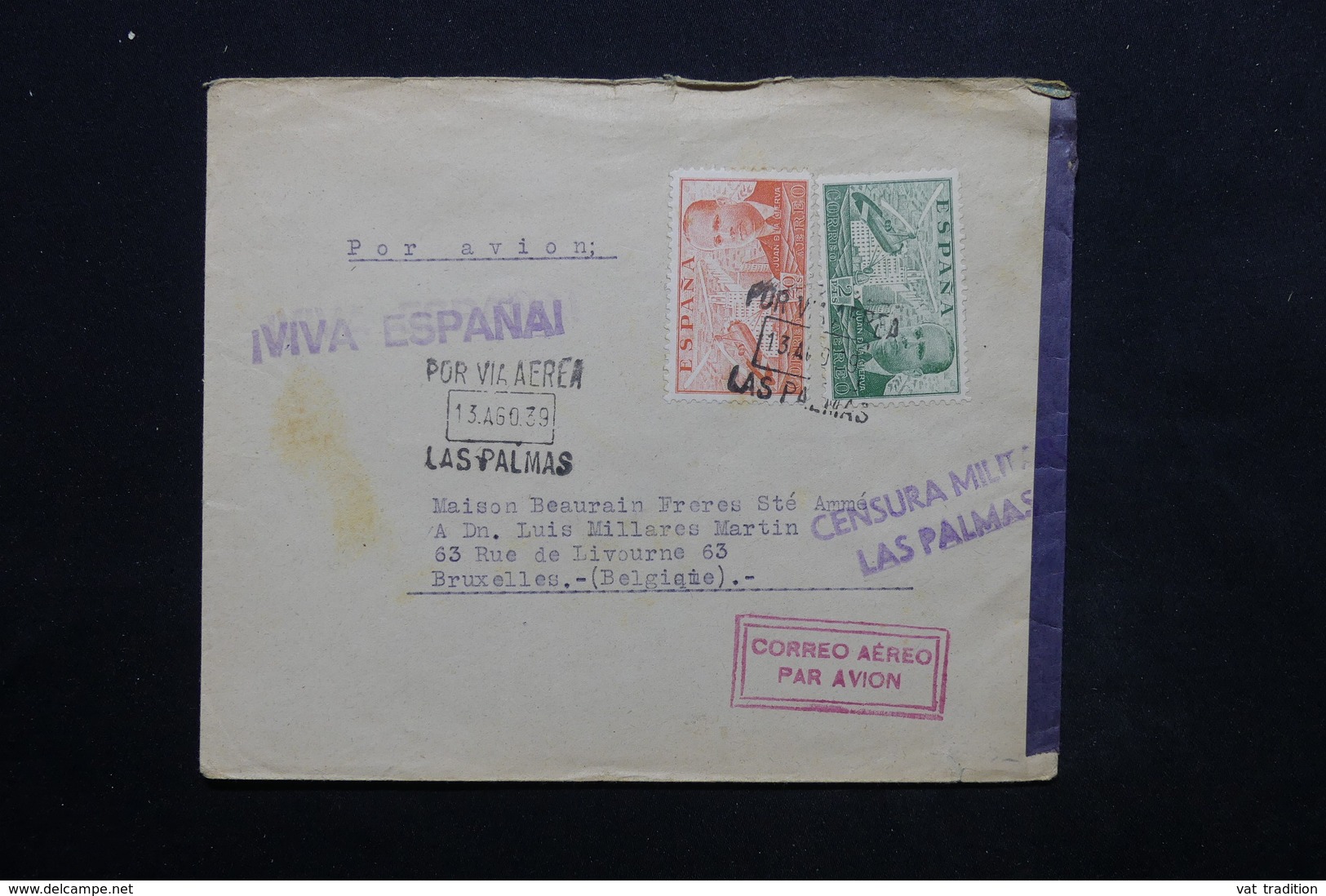 ESPAGNE - Enveloppe De Las Palmas Pour Bruxelles Par Avion En 1939 , Censure Militaire - L 24837 - Marcas De Censura Nacional