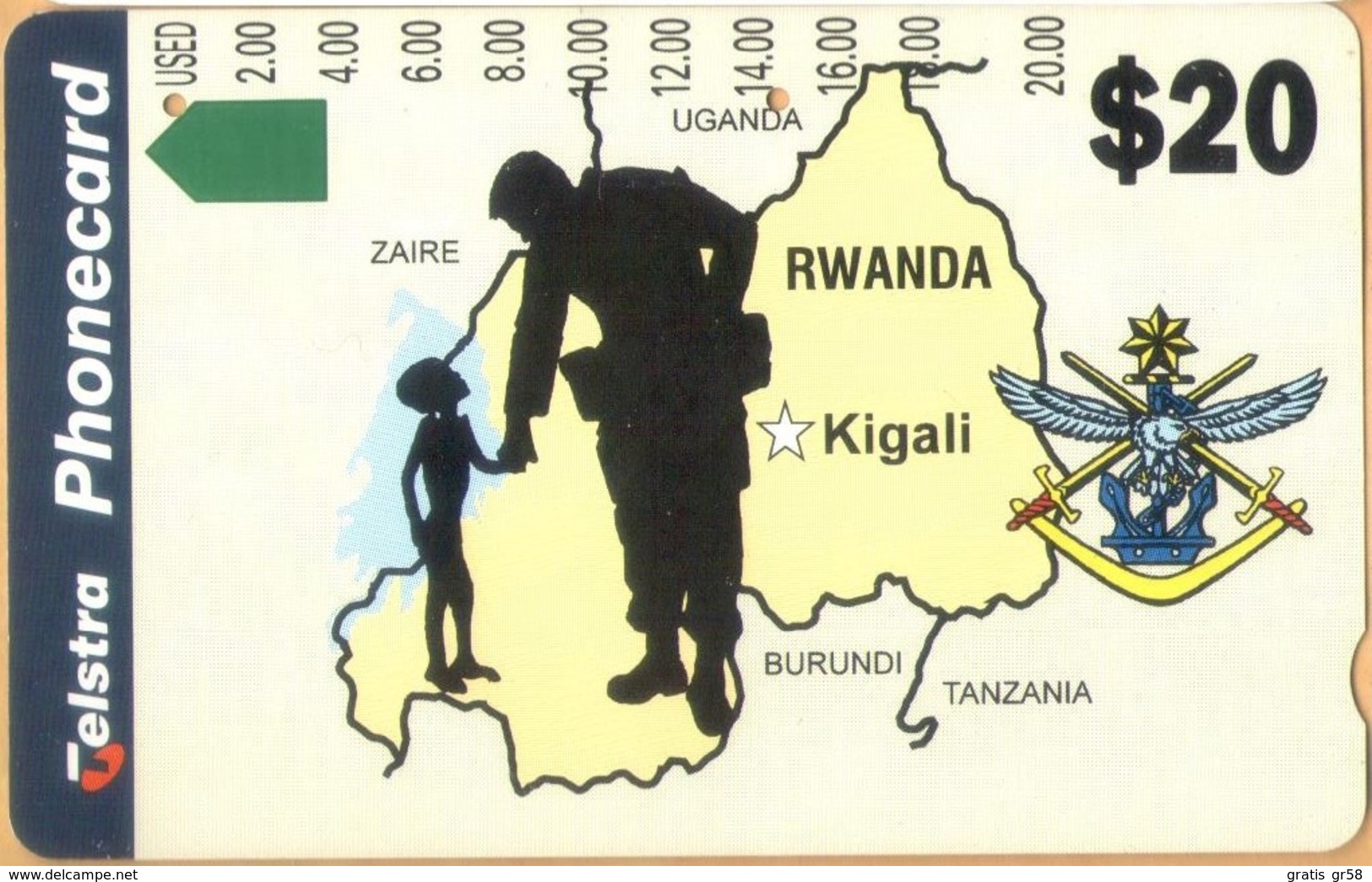 Rwanda - Telstra, Anritsu, Map Of Rwanda, Coats Of Arms, Peacekeeping Force, 6.000ex, Used As Scan - Ruanda