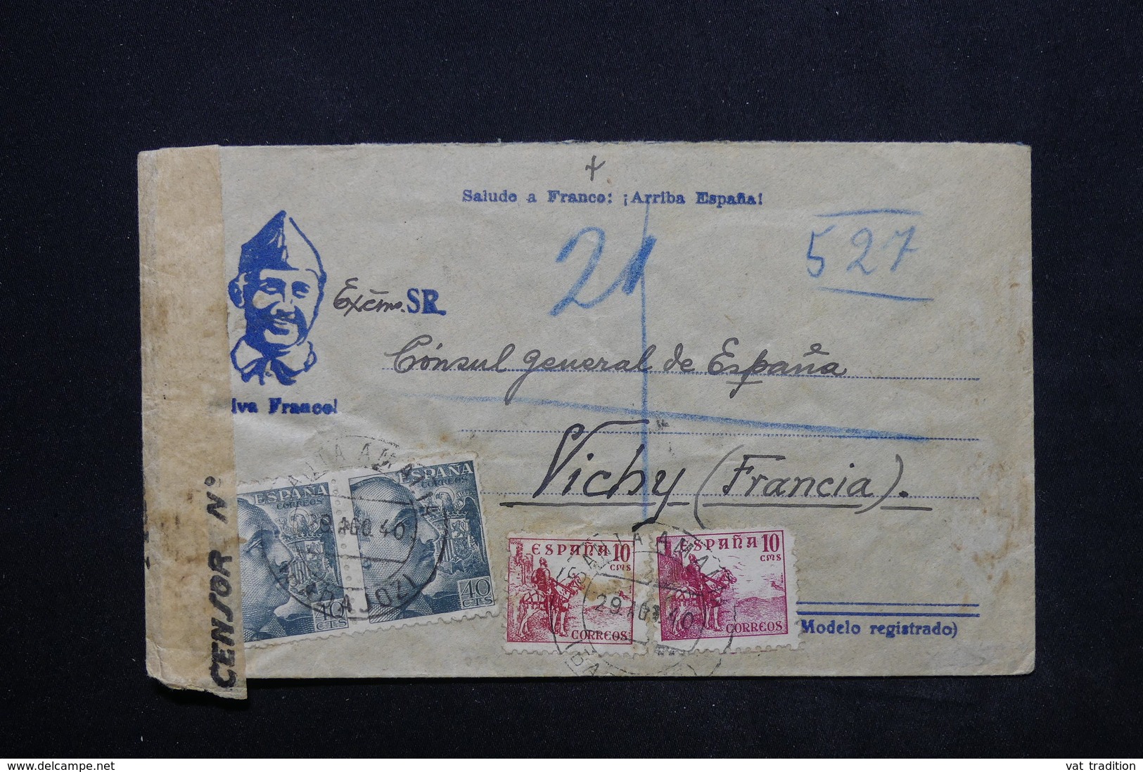 ESPAGNE - Enveloppe En Recommandé De Santa Amalia Pour Le Consul D'Espagne à Vichy En 1940 - L 24857 - Marcas De Censura Nacional