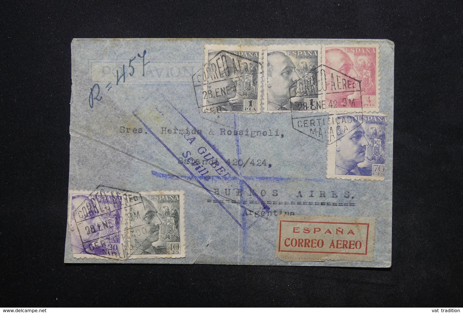 ESPAGNE - Enveloppe De Malaga Pour Buenos Aires En 1942 Avec Censure - L 24858 - Nationalists Censor Marks