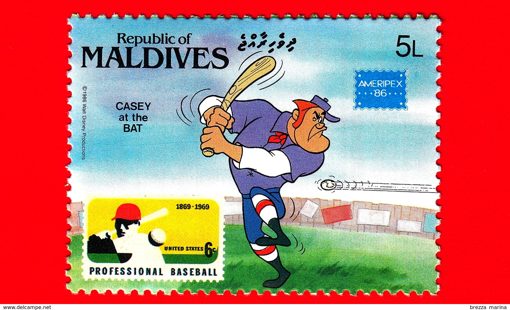 Nuovo - MNH - MALDIVE - 1986 - W. Disney - Ameripex '86 - Cartoni Animati - Fumetti -Baseball - Casey At The Bat - 5 - Maldive (1965-...)