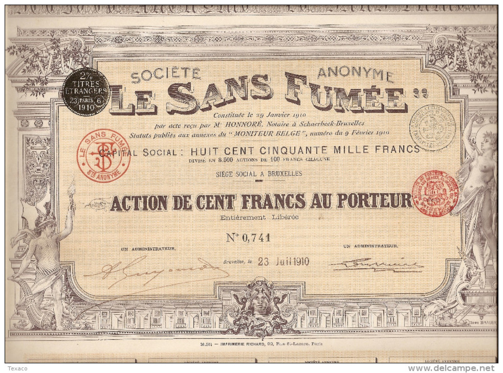 Action Société LE SANS FUMEE - Apareillage Automobile - 1910 - Automobile