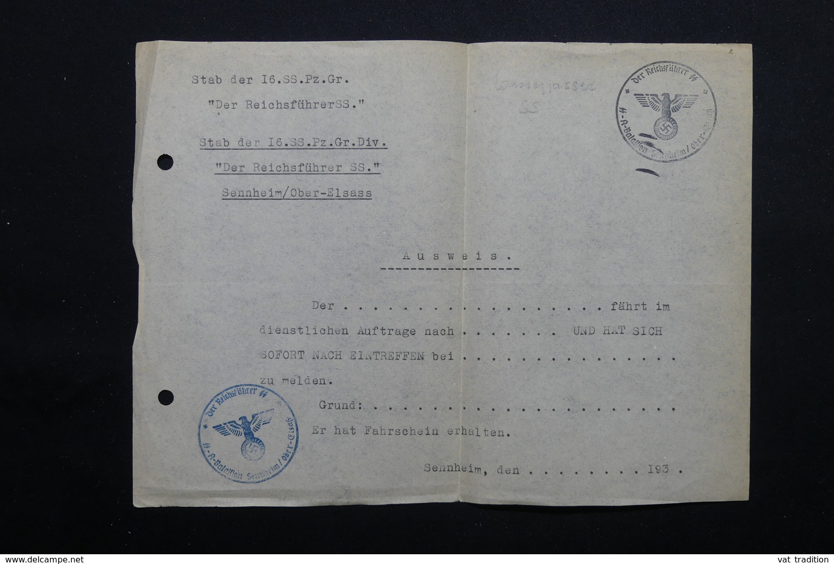 MILITARIA  - Allemagne - Document Avec Cachet De La SS - L 24876 - Documenti