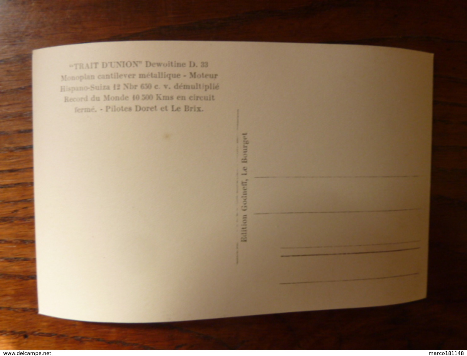 "Le Trait D'Union" Dewoitine D 33 - Pilotes: Doret Et Le Brix - Autres & Non Classés