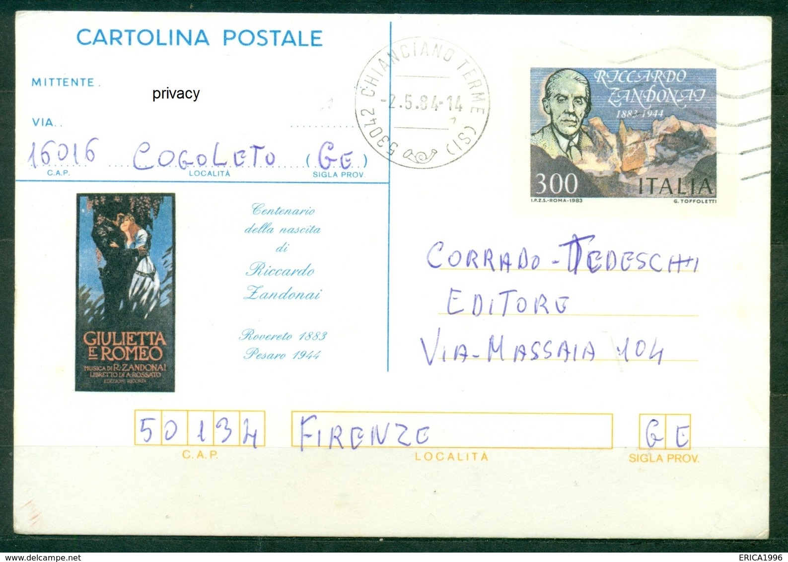 Z1204 ITALIA REPUBBLICA 1984 Cartolina Postale Riccardo Zandonai, Fil. C194, Viaggiata Da Chianciano Terme 2.5.84, - Interi Postali