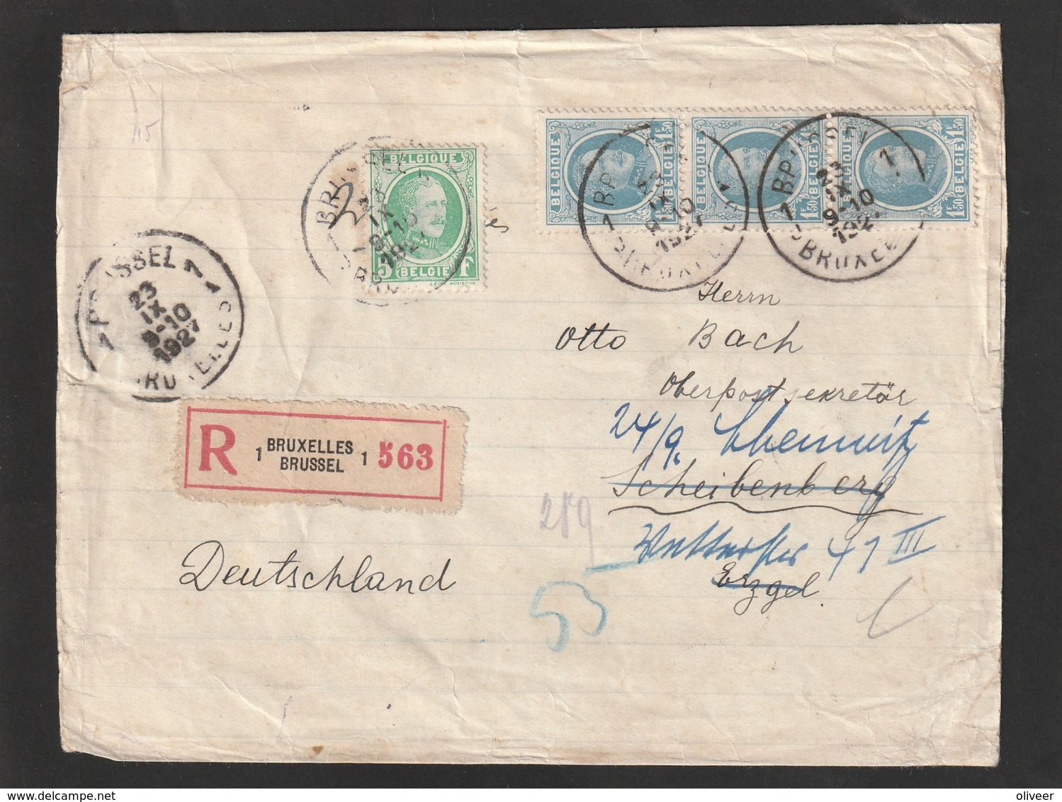 Aangetekende Brief HOUYOUX Met 209 (5fr). + 3 X1,50fr. Naar Duitsland 1927 - 1922-1927 Houyoux