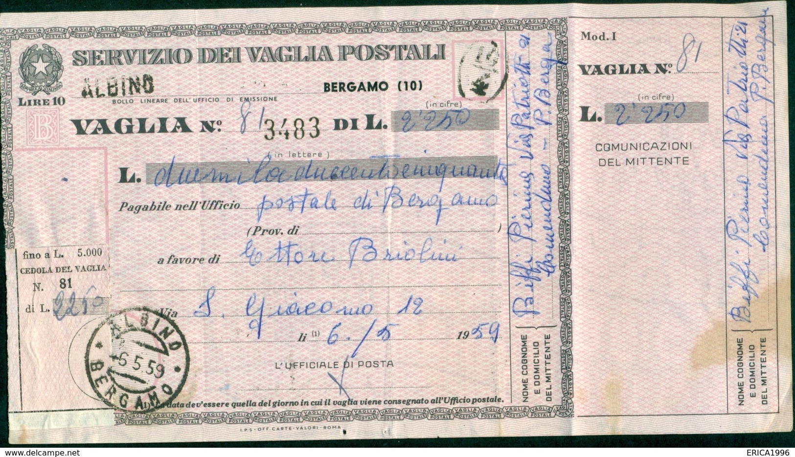 V8080 ITALIA REPUBBLICA 1954 Modulo Vaglia Postale L. 10,  Fil. V58, Interitalia 72, Da Albino 6.5.59, Piega, - Interi Postali