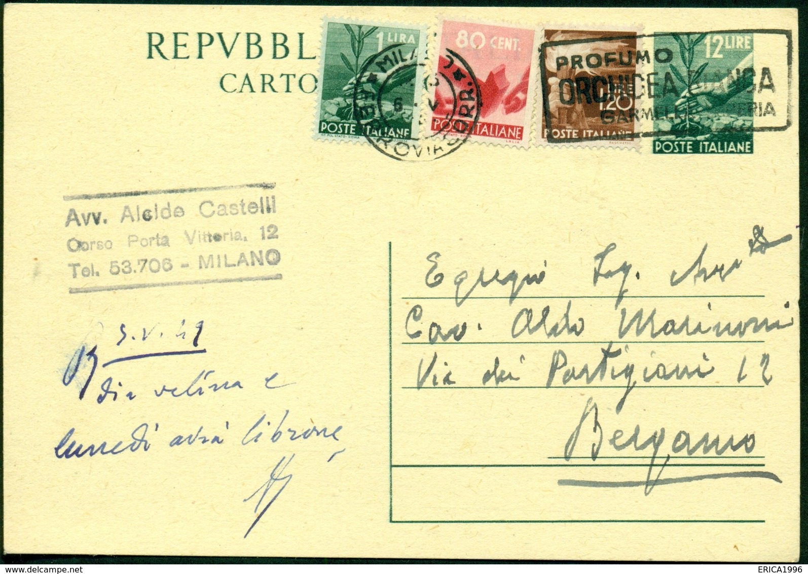 V9089 ITALIA REPUBBLICA 1949 Cartolina Postale 12 L. Democratica, Fil. C139, Interitalia 139,con Affrancatura Aggiuntiva - Postwaardestukken