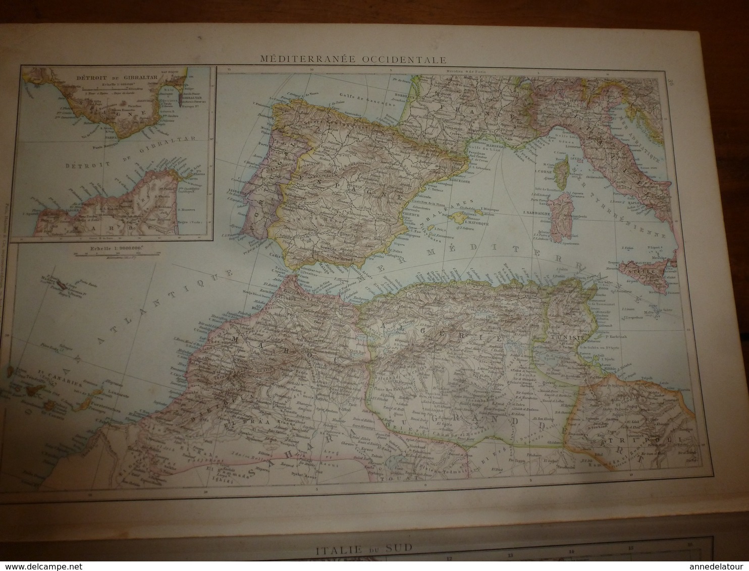 1884 Carte Géographique :Recto (Espagne et Portugal) ; Verso (Méditerranée occidentale) et (Itale du Sud) etc