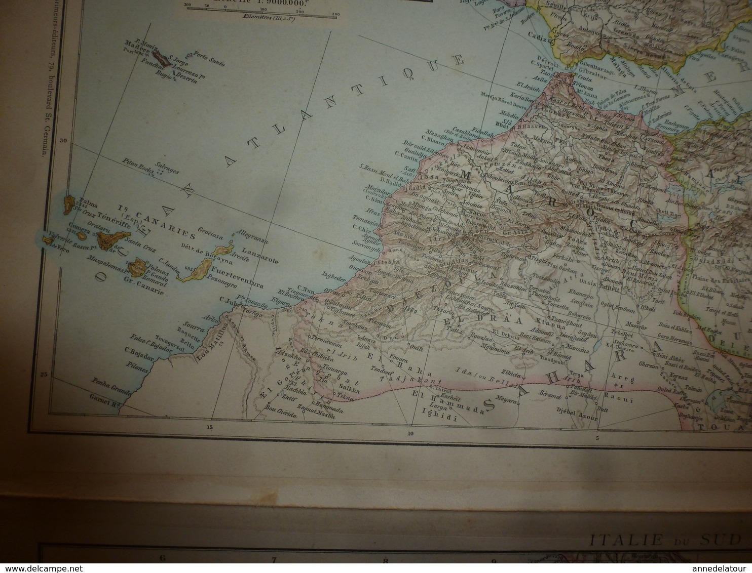 1884 Carte Géographique :Recto (Espagne et Portugal) ; Verso (Méditerranée occidentale) et (Itale du Sud) etc
