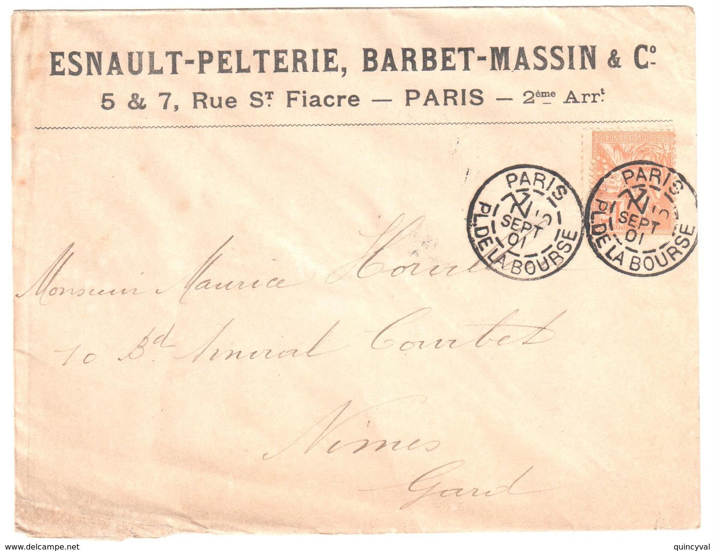 PARIS Bourse Lettre Entête ESNAULT PELTERIE BARBET MASSIN 15 C Mouchon Orange Type 2 Yv 117 Perfore EP Ancoper EP120 - Autres & Non Classés