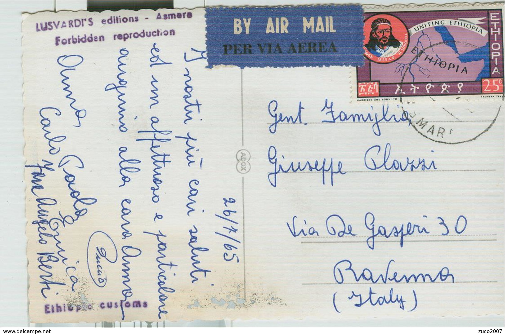 "ASMARA-ETHIOPIC CUSTOMS" FOTO LUSVARDI -B/N-POSTE ASMARA VIA AEREA-1965- ITALIA,RAVENNA,AIR MAIL 25c,UNITING ETHIOPIA - Etiopia