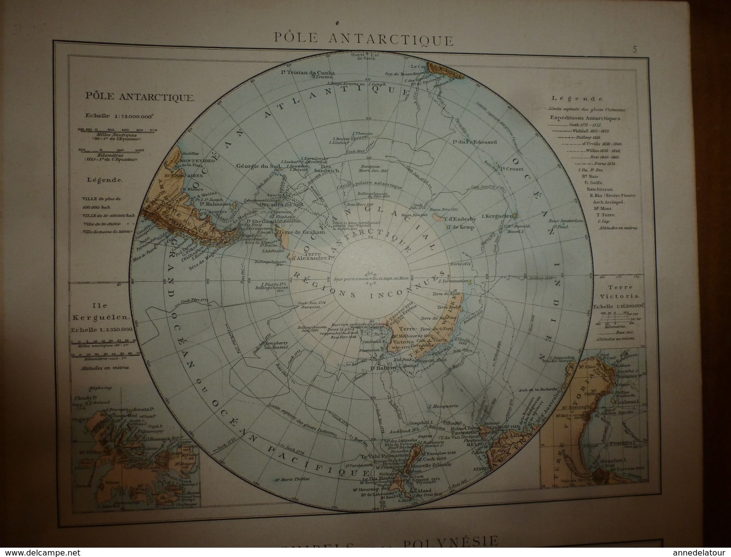 1884 Carte Géographique :Recto (PÔLE Arctique et SPITZBERG); Verso (OCEAN Antarctique et Polynésie) etc