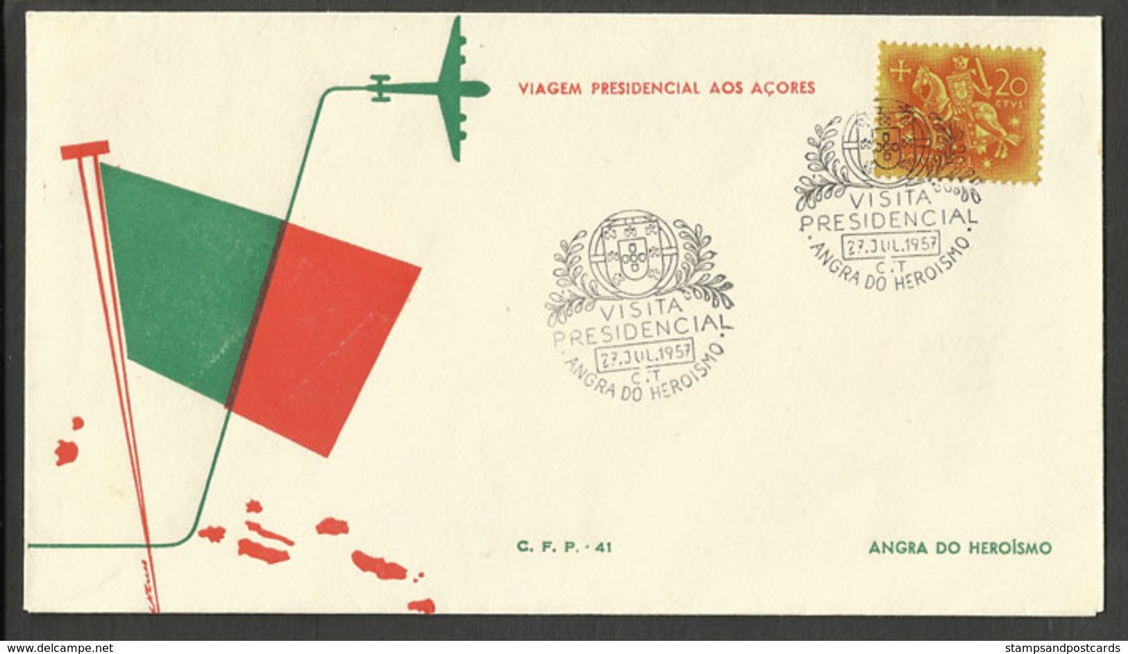 Portugal Voyage Présidentiel Açores 1957 Cachet Commemoratif Angra Do Heroismo Presidential Visit Azores Event Postmark - Flammes & Oblitérations
