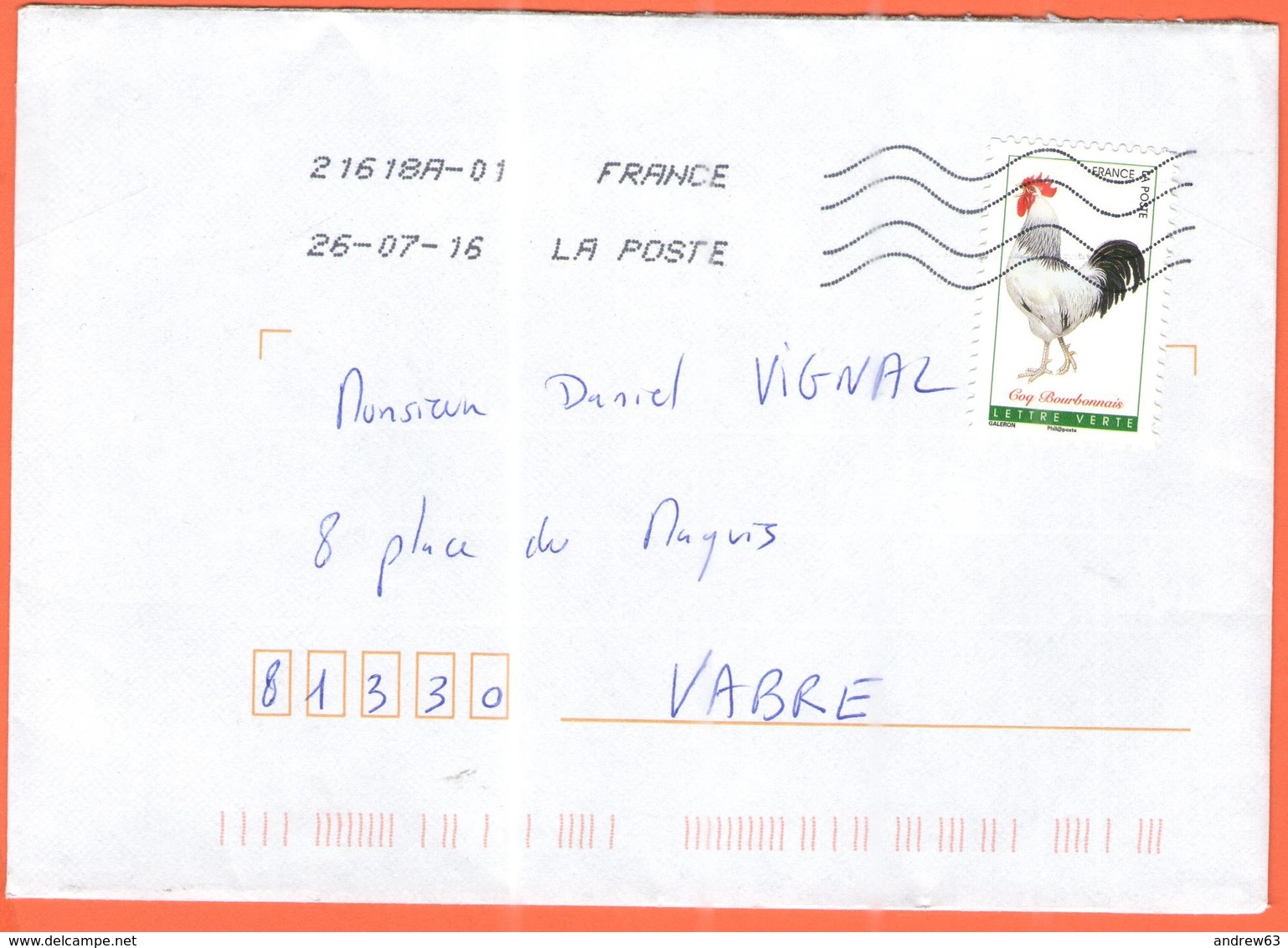 FRANCIA - France - 2016 - Lettre Verte Coq Bourbonnais - Viaggiata Da 21618A-01 Per Vabre - Covers & Documents