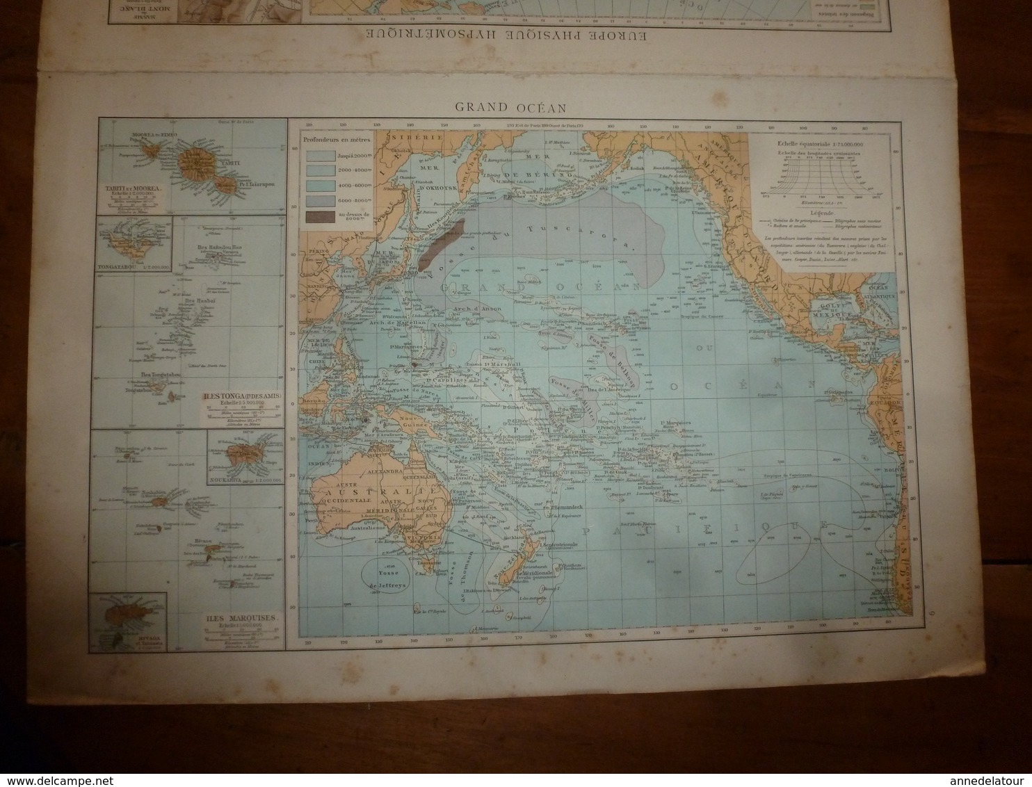 1884 Carte Géographique :Recto (EUROPE polit); Verso (Gd OCEAN ,TAHITI-MOOREA-MARQUISES) (AUSTRALIE,EUROPE Ph et Hypsom