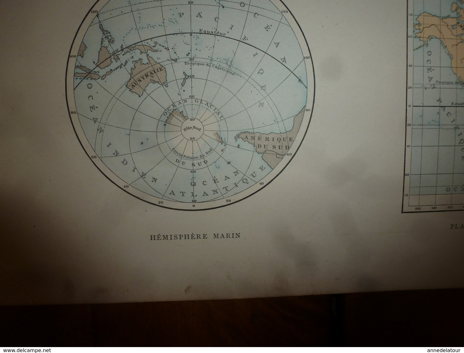 1884 Carte Géographique :Recto (TERRE des 2 Hémisphères); Verso ( SYSTEME PLANETAIRE ) (VOLCANS et CORAUX) (La LUNE)