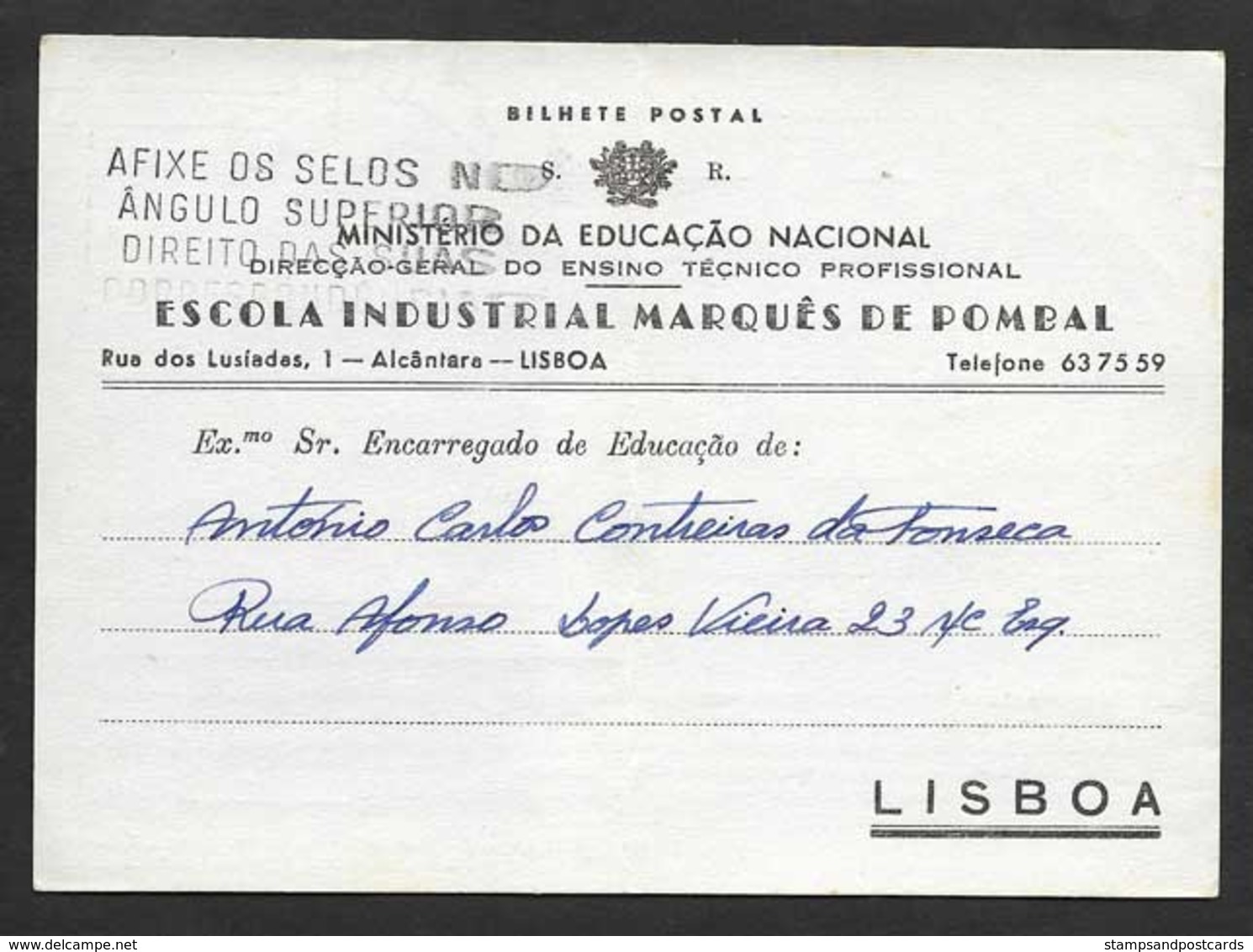 Portugal Entière Carte Officielle SR Ecole Escola Industrial Marquês De Pombal 1967 Official Stationery Card School - Lettres & Documents