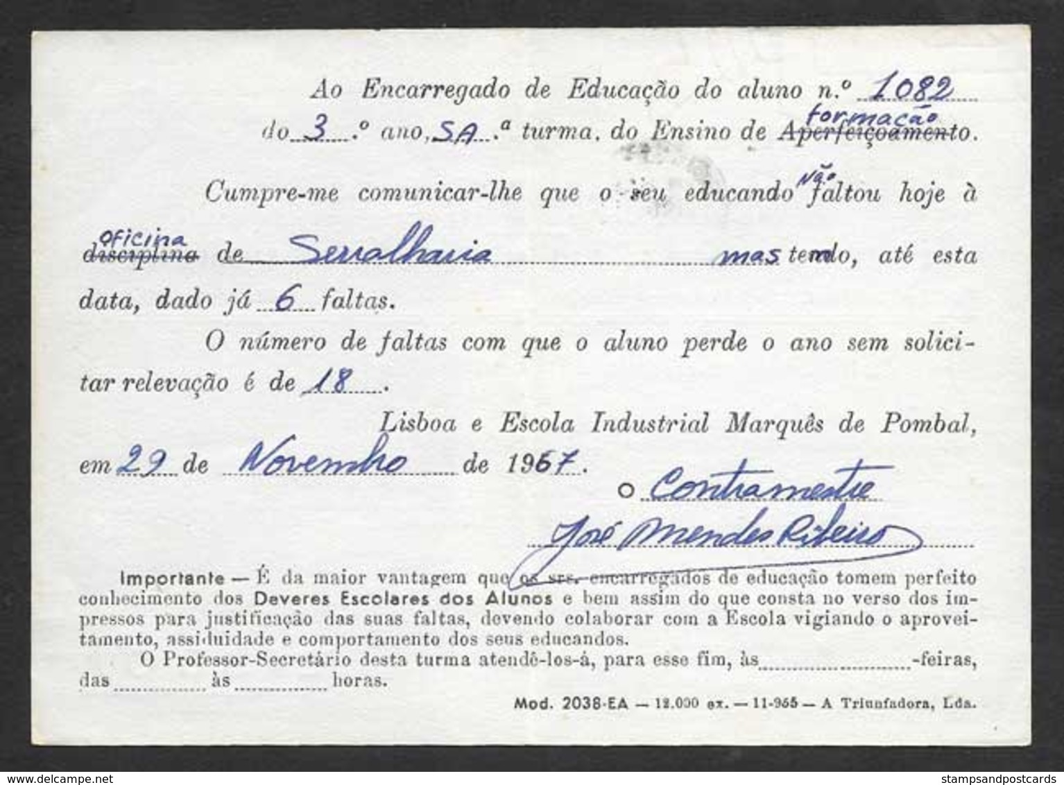 Portugal Entière Carte Officielle SR Ecole Escola Industrial Marquês De Pombal 1967 Official Stationery Card School - Covers & Documents