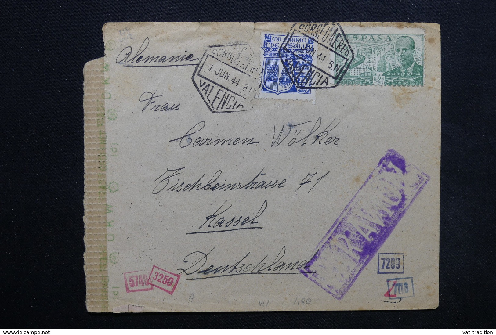 ESPAGNE - Enveloppe De Valencia Pour L 'Allemagne En 1944 , Contrôles Postaux - L 24897 - Nationalistische Zensur