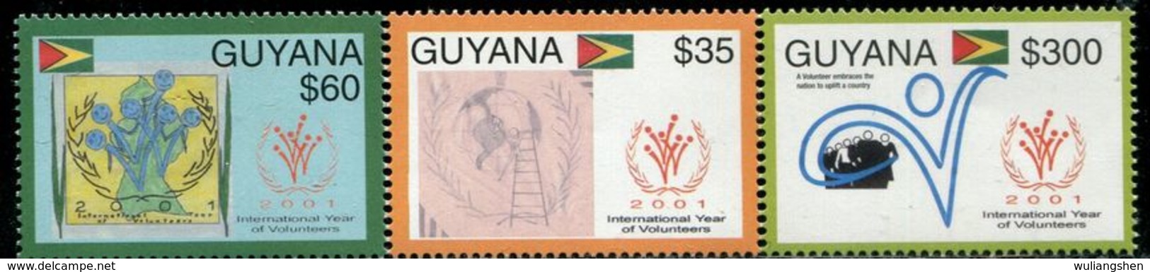 AS5684 Guyana 2001 International Volunteer Year Flag, Etc. 3V MNH - Francobolli