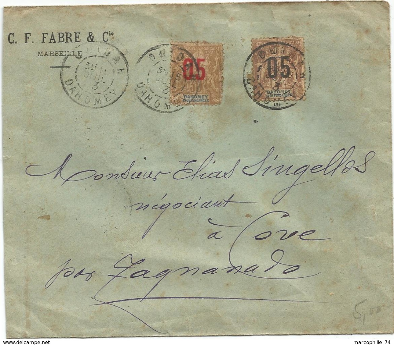 DAHOMEY 05C GROUPE X2 LETTRE COVER OUIDAH 1913 POUR COVE - Lettres & Documents