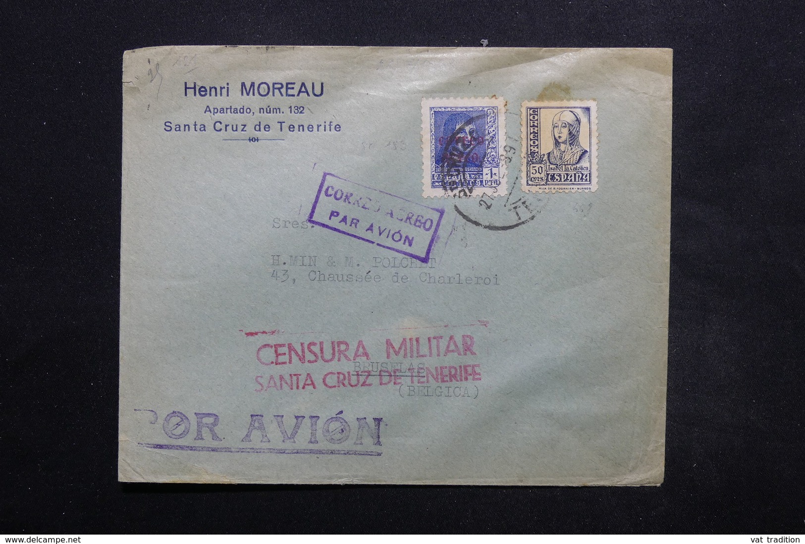 ESPAGNE - Enveloppe Commerciale De Santa Cruz De Tenerife Pour La Belgique En 1939 , Cachet De Censure - L 24904 - Bolli Di Censura Repubblicana