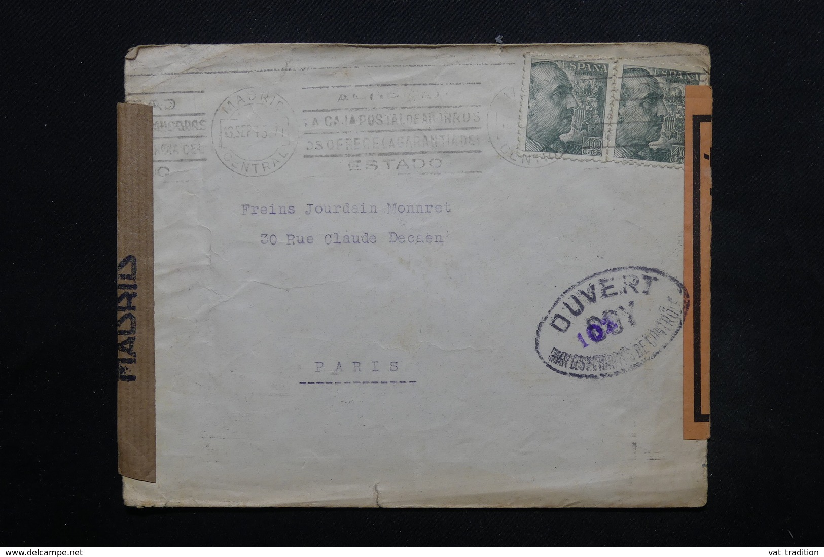 ESPAGNE - Enveloppe De Madrid Pour Paris En 1945, Cachets De Censure , Bandes De Contrôle Postal - L 24906 - Marcas De Censura Nacional