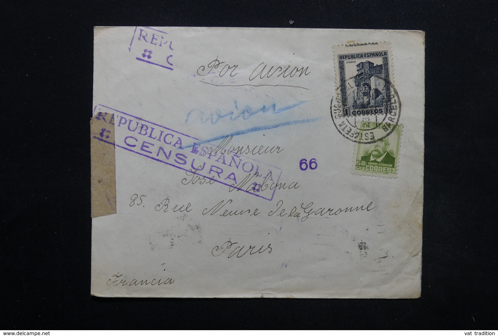 ESPAGNE - Enveloppe De Barcelone Pour Paris En 1938, Cachets De Censure , Bandes De Contrôle Postal - L 24907 - Republikanische Zensur