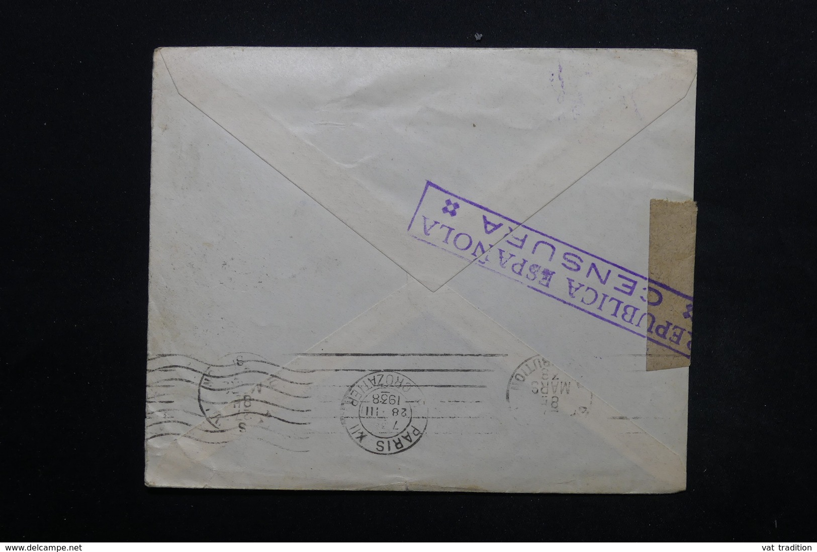 ESPAGNE - Enveloppe De Barcelone Pour Paris En 1938, Cachets De Censure , Bandes De Contrôle Postal - L 24907 - Marcas De Censura Republicana