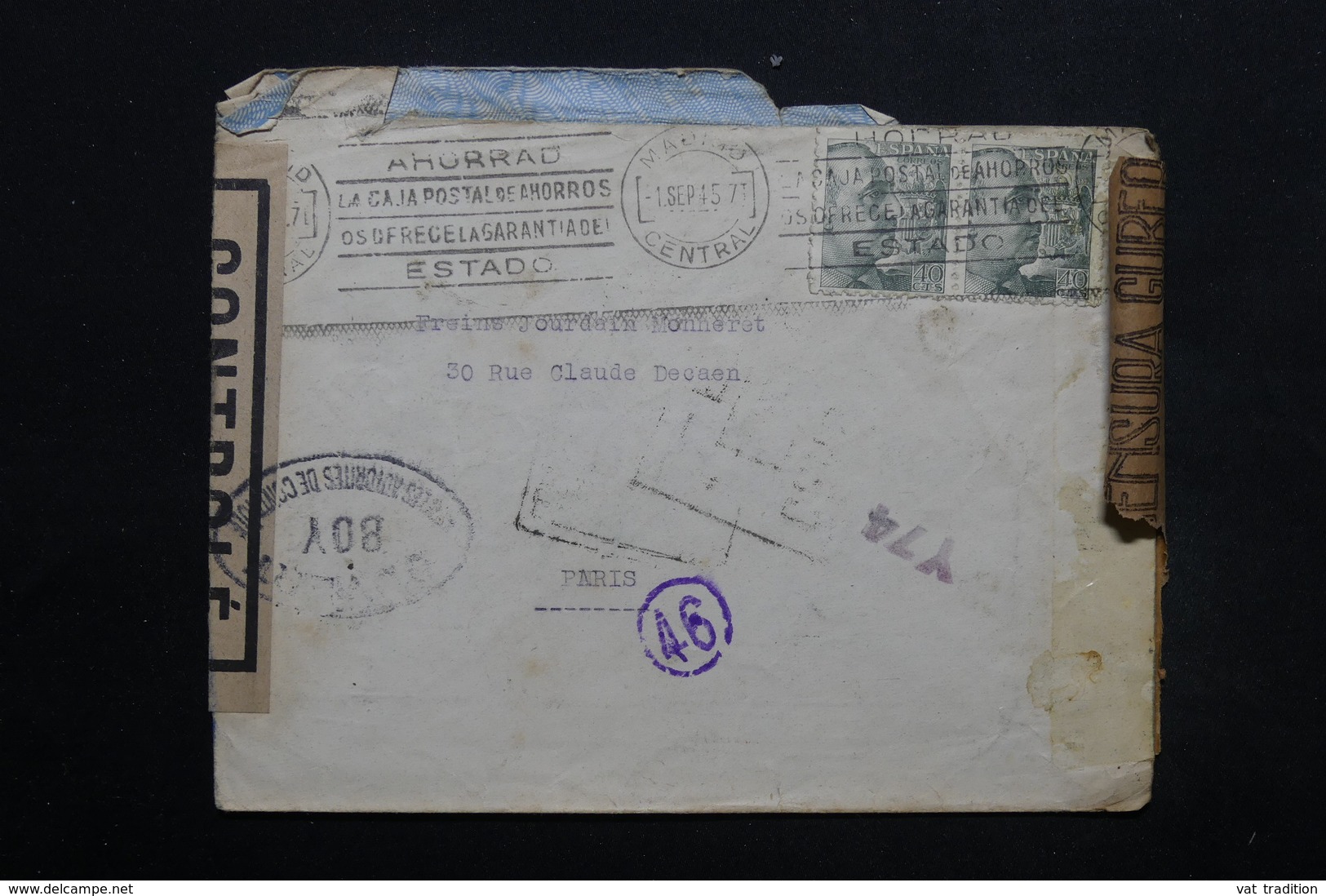 ESPAGNE - Enveloppe De Madrid Pour Paris En 1945, Cachets De Censure , Bandes De Contrôle Postal - L 24908 - Marcas De Censura Nacional