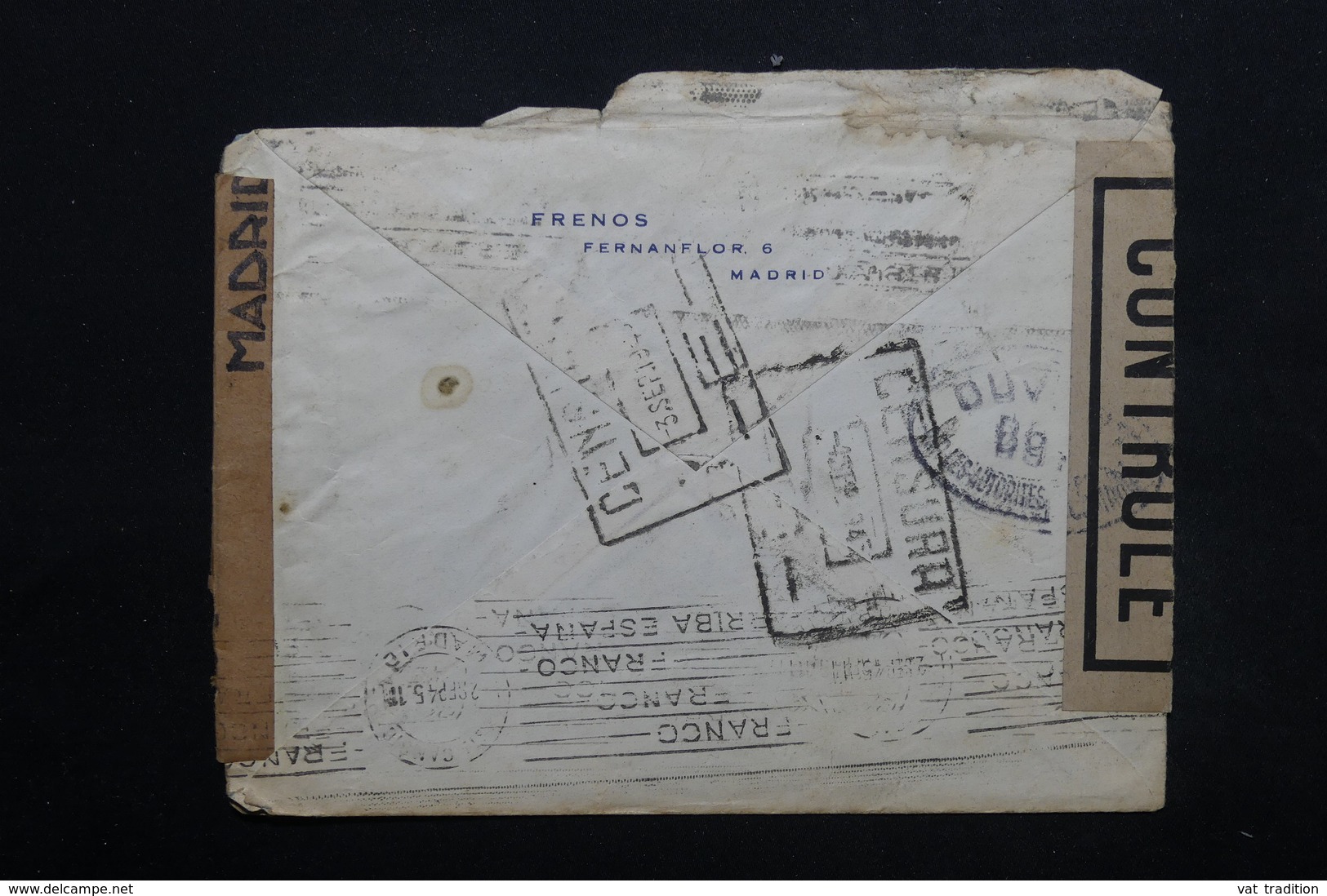 ESPAGNE - Enveloppe De Madrid Pour Paris En 1945, Cachets De Censure , Bandes De Contrôle Postal - L 24908 - Nationalistische Censuur