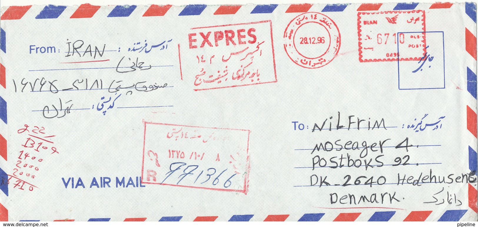 Iran Registered Air Mail Cover With Meter Cancel 28-12-1996 Sent Expres To Denmark - Iran