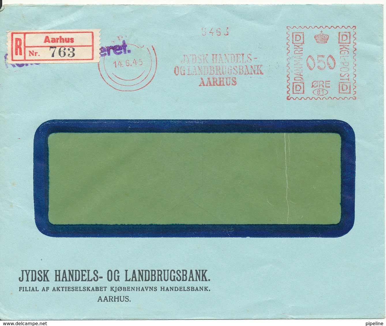 Denmark Registered Bank Cover With Meter Cancel Aarhus 14-6-1945 (Jydsk Hanels Og Landbrugsbank Aarhus) - Covers & Documents