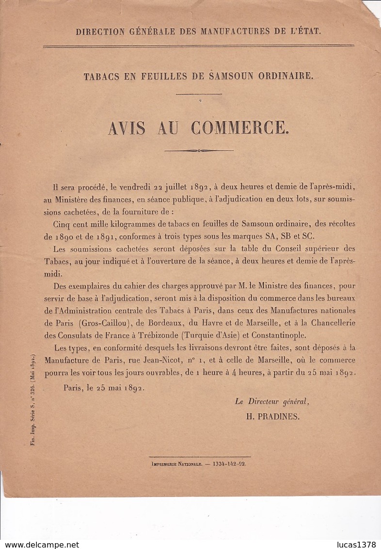 1892 / DIRECTION MANUFACTURES DE L ETAT / AVIS AU COMMERCE / TABACS EN FEUILLES DE SAMSOUN ORDINAIRE - 1800 – 1899