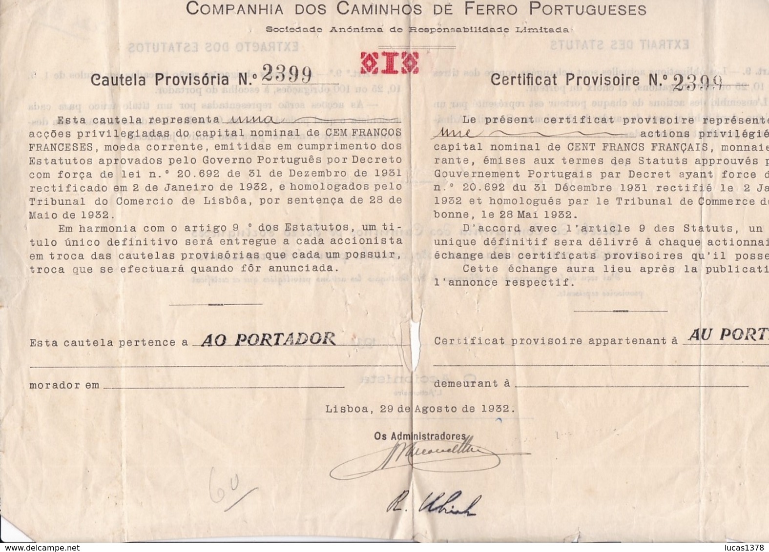 PORTUGAL 1932 / / COMPAGNIE CHEMINS DE FER / CERTIFICAT ACTIONS PRIVILEGIEES AU PORTEUR - Chemin De Fer & Tramway